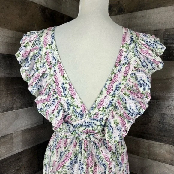 BYTIMO Blue Field Floral Ruffle Midi Wrap Dress Size Medium / NWT - Picture 6 of 16